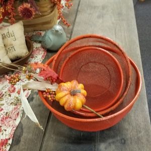 3 Vintage Screen Wire Strainer Baskets orange shabby farmhouse fall autumn decor